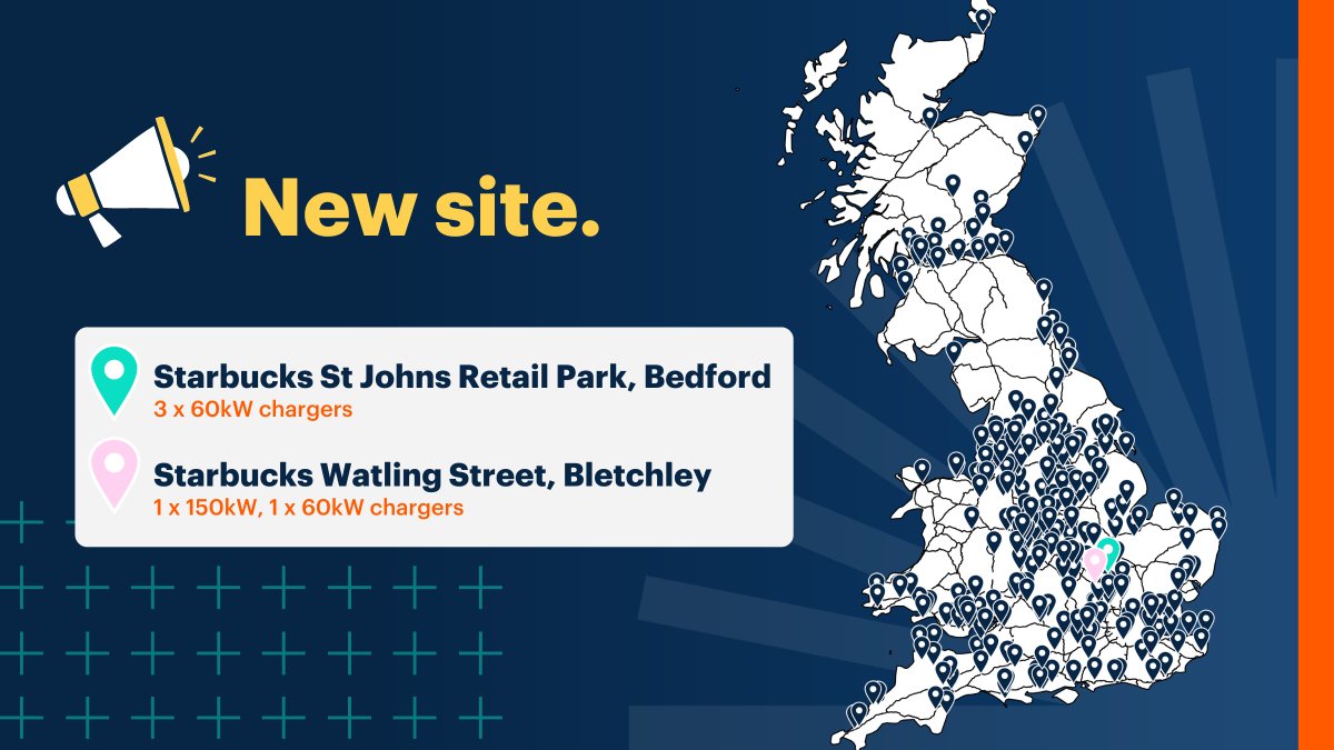 Two new @StarbucksUK locations are now LIVE! Grab a quick coffee while you power up your car when you stop-off at either St John's Retail Park, Bedford MK42 0DJ or Watling Street, Bletchley MK1 1HS. 💳Accept contactless 📍Osprey App @zap_map @WattsUp @OctopusElectro 🗺️ St John's…
