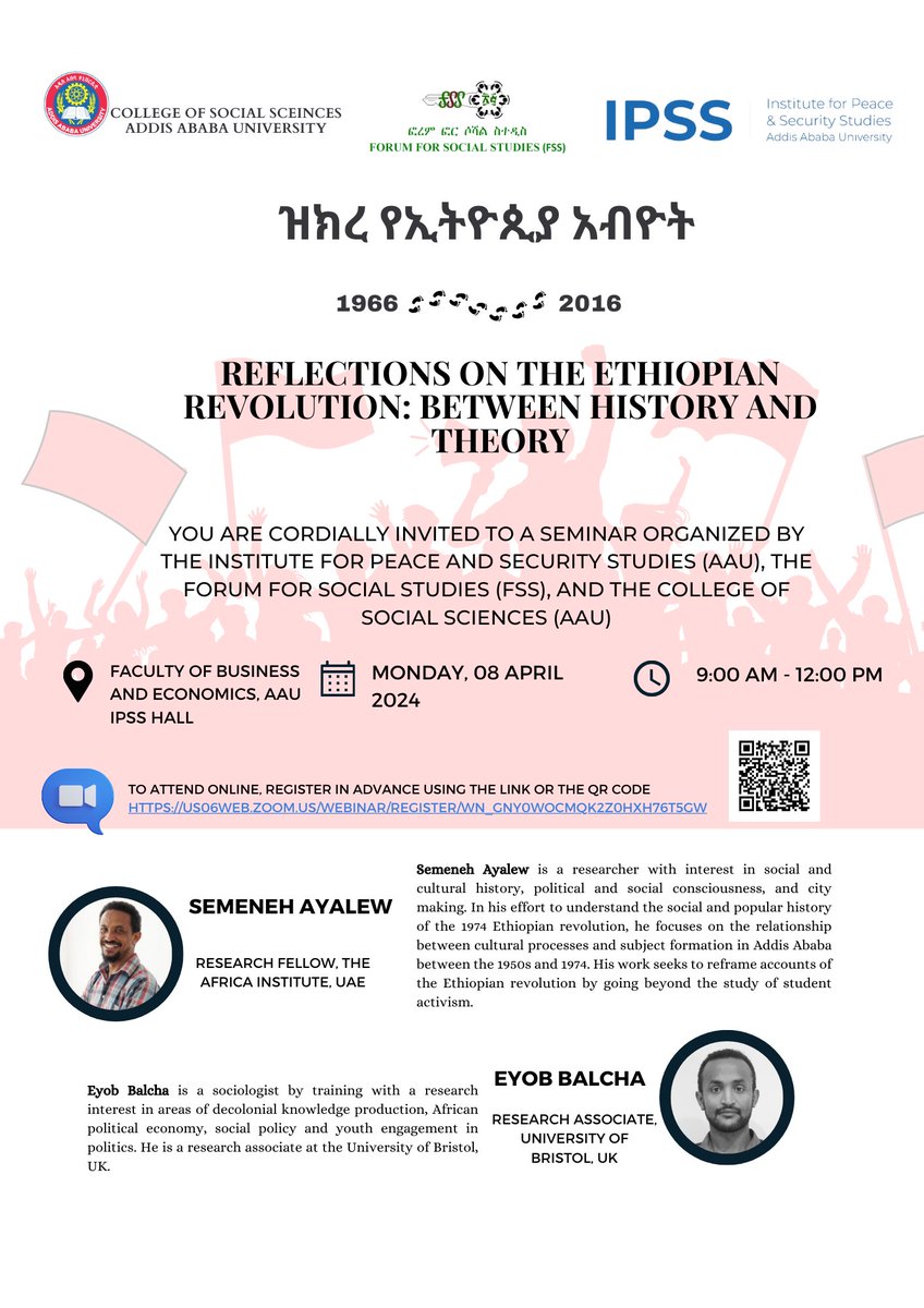 📢 Join us an event co-hosting with @forum_fss & CSS AAU, the #EthiopianRevolution & the link between theory & history, as part of a public seminar series honoring the 50th anniversary of the #EthiopianRevolution. 📆 8 April 2024 ⏰ 9:00AM-12:00PM EAT 👉 bit.ly/3PKWjhm