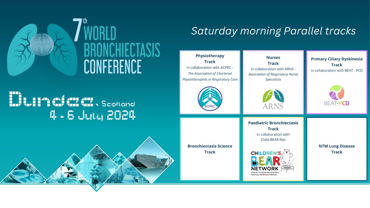 🤝Join us at #WBConf24 and select 1 parallel track among the 6 tracks proposed 📅 6 July - 08.30-12.30 Register now: world-bronchiectasis-conference.org/2024/ In collaboration with @TheACPRC @ARNS_UK @beatpcd @Child_BEAR_Net #Physiotherapy #Nurse #PCD #Bronchiectasis #Paediatric #NTM