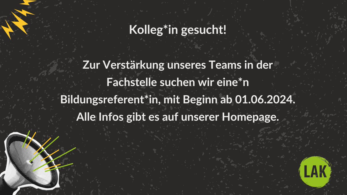 Der LAK Mobile Jugendarbeit Sachsen e.V. sucht mit Beginn 01.06.2024 eine*n Bildungsreferent*in, befristet bis 31.12.2024, Entfristung angestrebt.

Alle Infos gibt es auf unserer Homepage: mja-sachsen.de/2024/04/04/ste…

#MobileJugendarbeit #Streetwork #Sachsen #SozialeArbeit