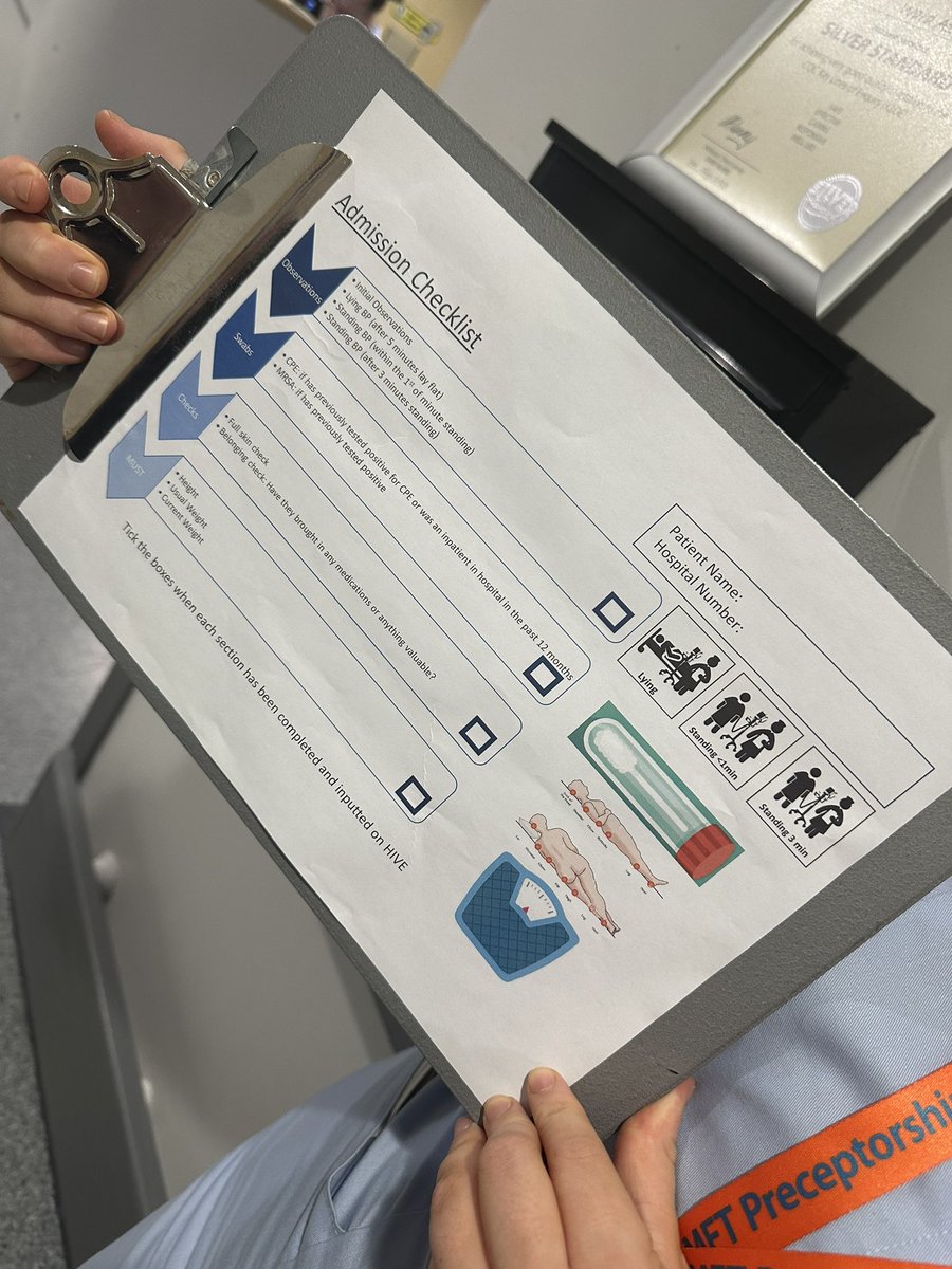 We are rolling out our new admission checklist here on A1 and A3 📝👩🏻‍⚕️👨🏻‍⚕️ This is a great prompt for all our registered and non-registered staff to use for patients to ensure key aspects of care are not missed at admission @A2Respiratory @LizWilson_1 @rachrobertson01 @MrsArdron