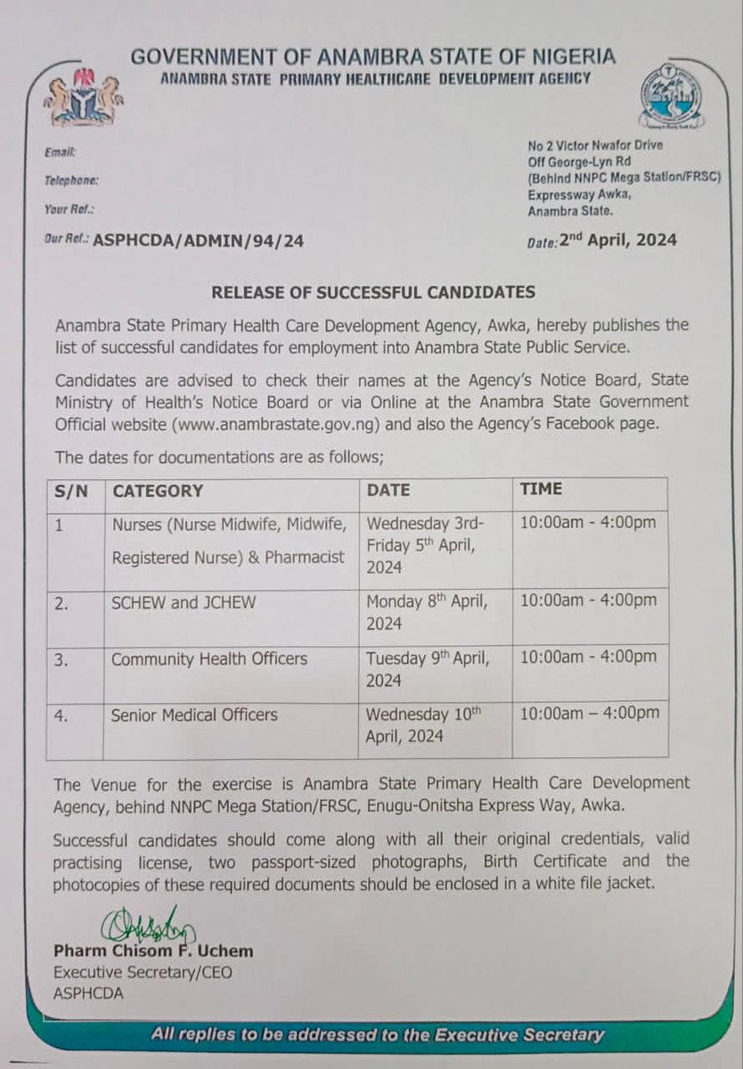 Anambra_SPHCDA's tweet photo. Notice on Anambra State Primary Healthcare Workers Recruitment Exercise. 

Please, kindly note that documents should be enclosed in two separate white file jacket. 

Thank You. https://t.co/3g1yfwKZgW