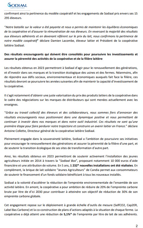LEleveurlaitier's tweet image. #Sodiaal Annonce d&apos;une redistribution de 61,5 M€ dont 5⃣4⃣M€ au titre des résultats 2023 et 7⃣,5⃣M€ au titre des intérêts aux parts sociales. Lire le communiqué de presse envoyé ce matin 👇