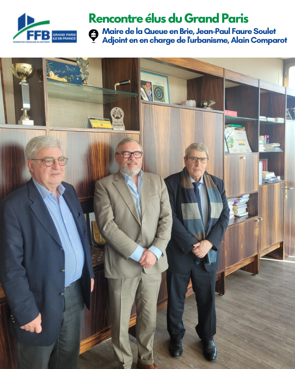 FFBGrandParis's tweet photo. [#Rencontre] 🤝 Le Président de l'UD du 94, Patrick Maillard, a rencontré le Maire de La Queue-en-Brie et son Adjoint en en charge de l'urbanisme, afin d'échanger sur la #crise de la #construction #neuve, la #rénovation #énergétique et la valorisation des #métiers du #Bâtiment. https://t.co/t6ZRgCJVnH