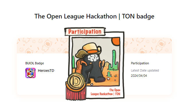 HeroesTD has received a The Open League Hackathon | TON badge on DoraHacks. DoraHacks empowers open source projects around the world and you too can join the hacker movement. 
dorahacks.io/buidl/2737/ach… 

#HeroesTD #Hackathon #TheOpenLeague #TON
