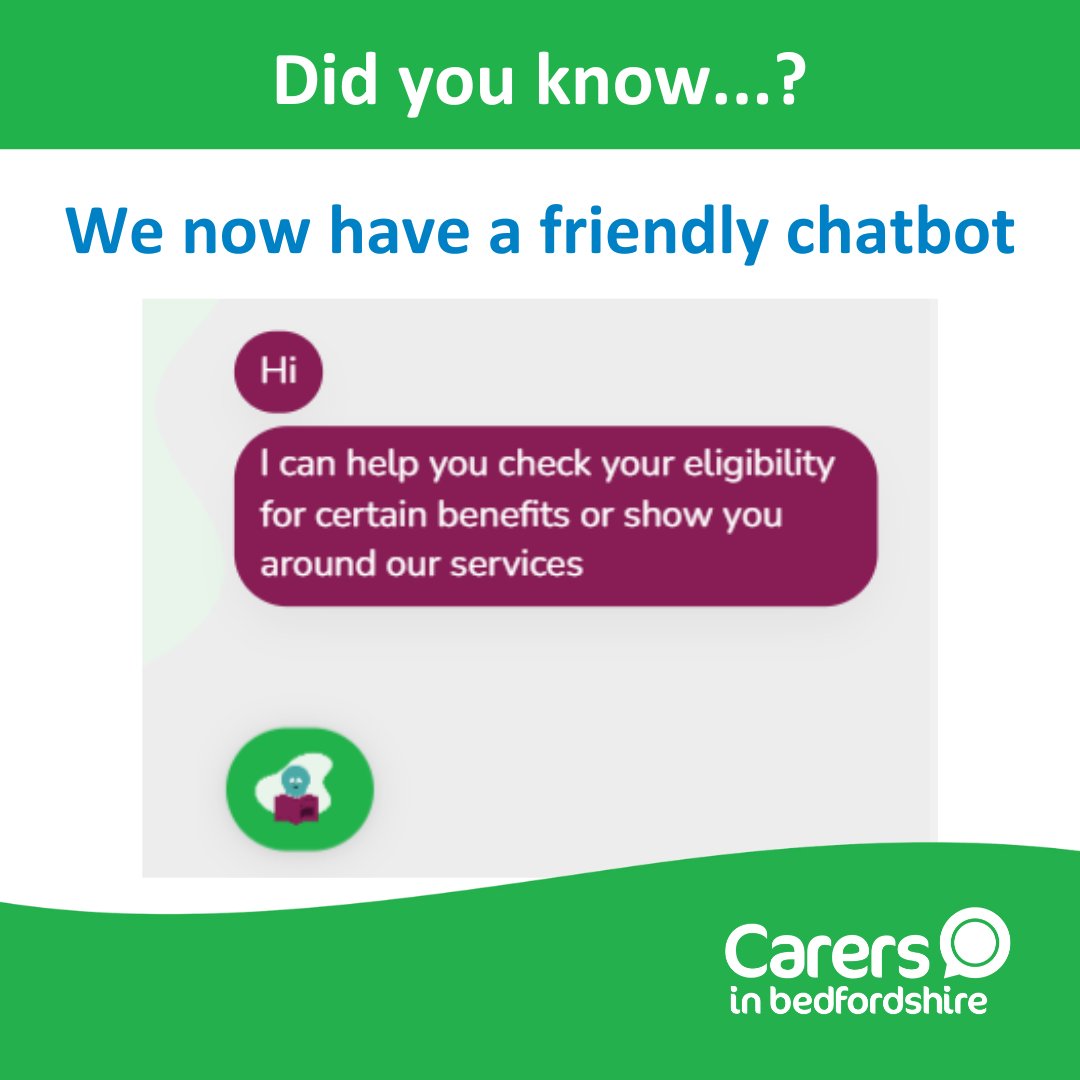 Are you looking for information? We have a friendly chatbot that can help you find what you are looking for. Visit our Online Support Hub to start chatting today. carersinbeds.org.uk/help-for-carer… #wecareforcarers #bedfordshire #helpforcarers #bedfordshire