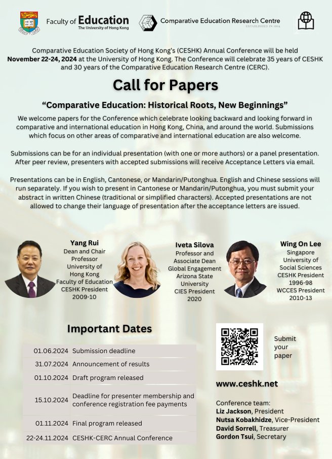 A great opportunity to come to Hong Kong for a conference in comparative education on November 22-24, 2024. We just opened the call for papers for a conference jointly organized by CESHK and CERC. @hku_education @HkuScape @cies_us @CIESNewScholars