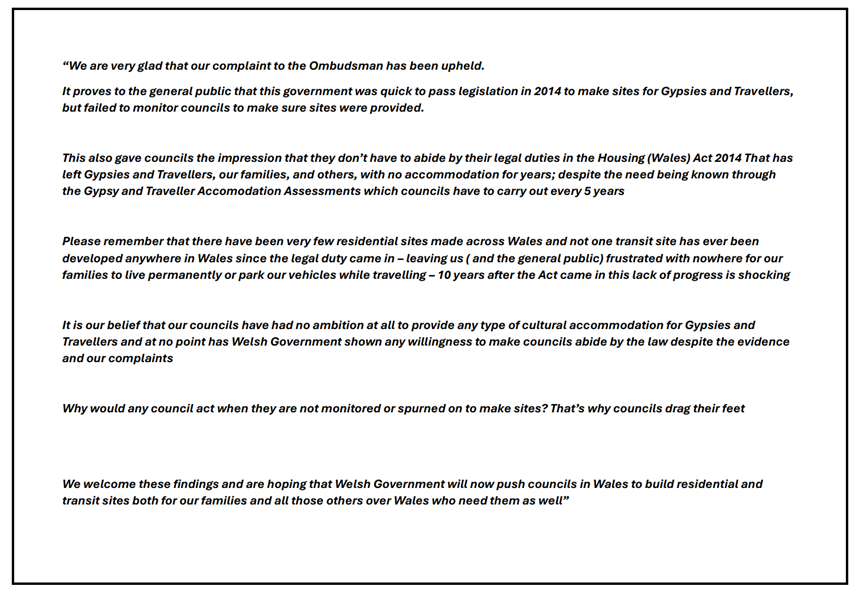 Today's report bit.ly/3xnydmv from the @OmbudsmanWales upholds a complaint that Welsh Government failed to monitor councils & ensure they provided sites for Gypsy & Traveller families as required; below is the statement the families have asked us to issue on their behalf