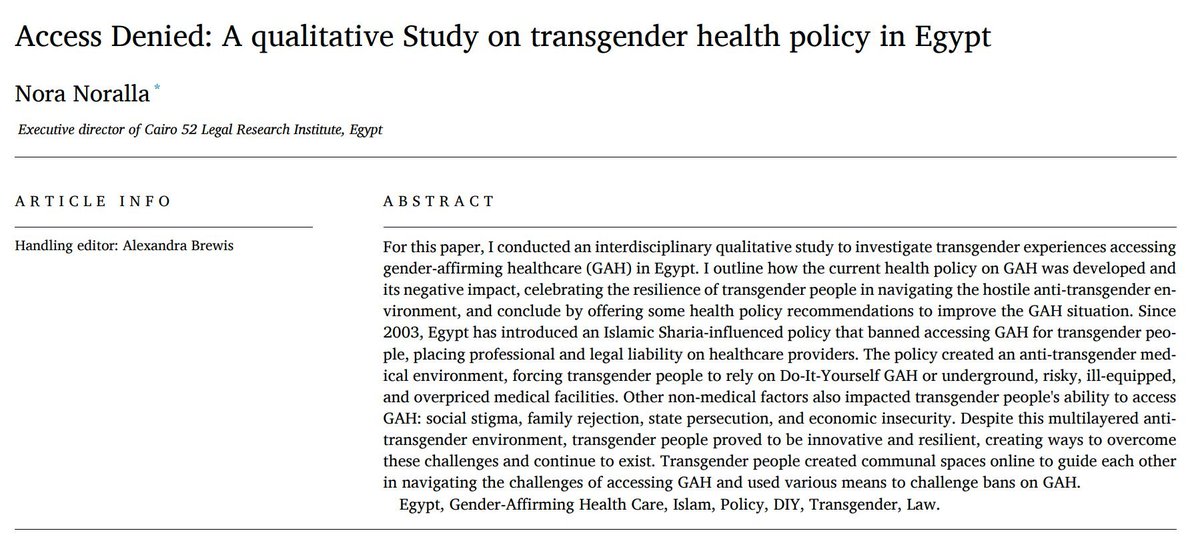 🧵🇪🇬🏳️‍⚧️Very excited to see my new paper available now in pre-proof online in @socscimed. The study is the first to investigate the negative implications of anti-transgender Sharia-based healthcare policies in MENA, using Egypt as a case study. (1/4) 👉 doi.org/10.1016/j.socs…