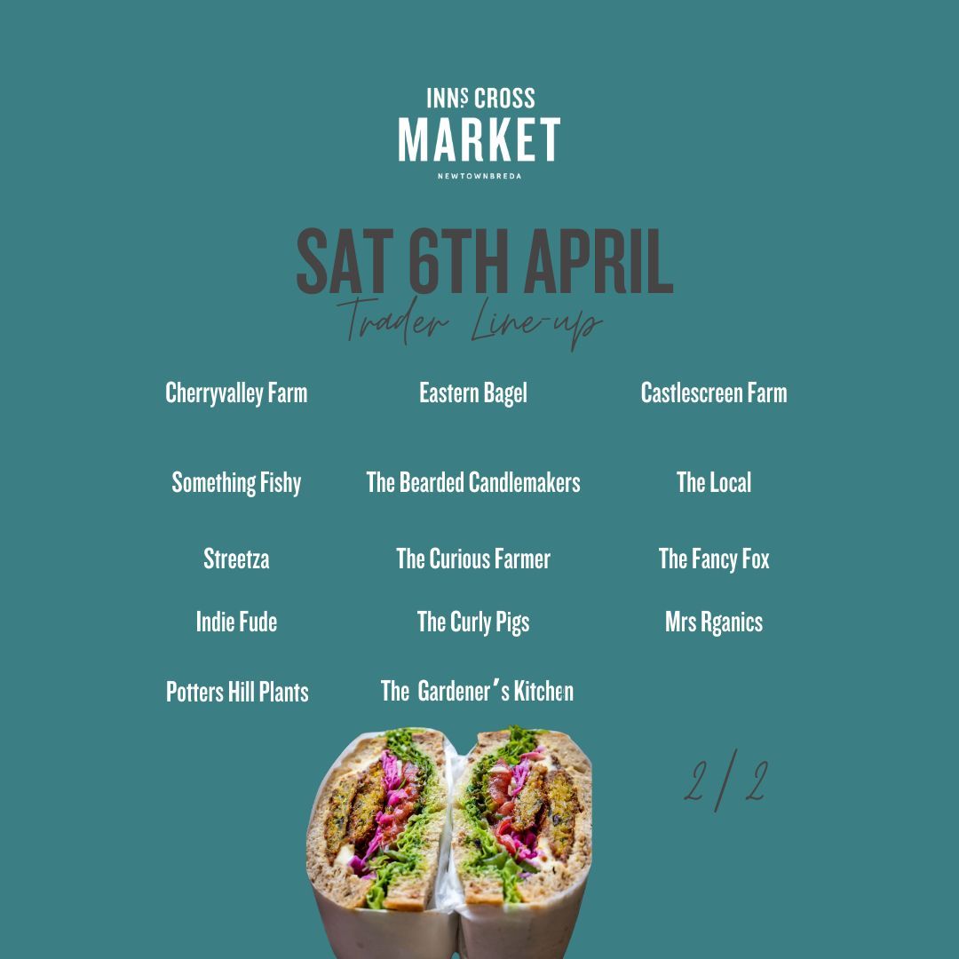 Trader line-up for our April market this Saturday is confirmed! Full list detailed on graphics below. Time to start the shopping lists! We have you covered for local, fresh, seasonal and artisan food products. #innscrossmarket