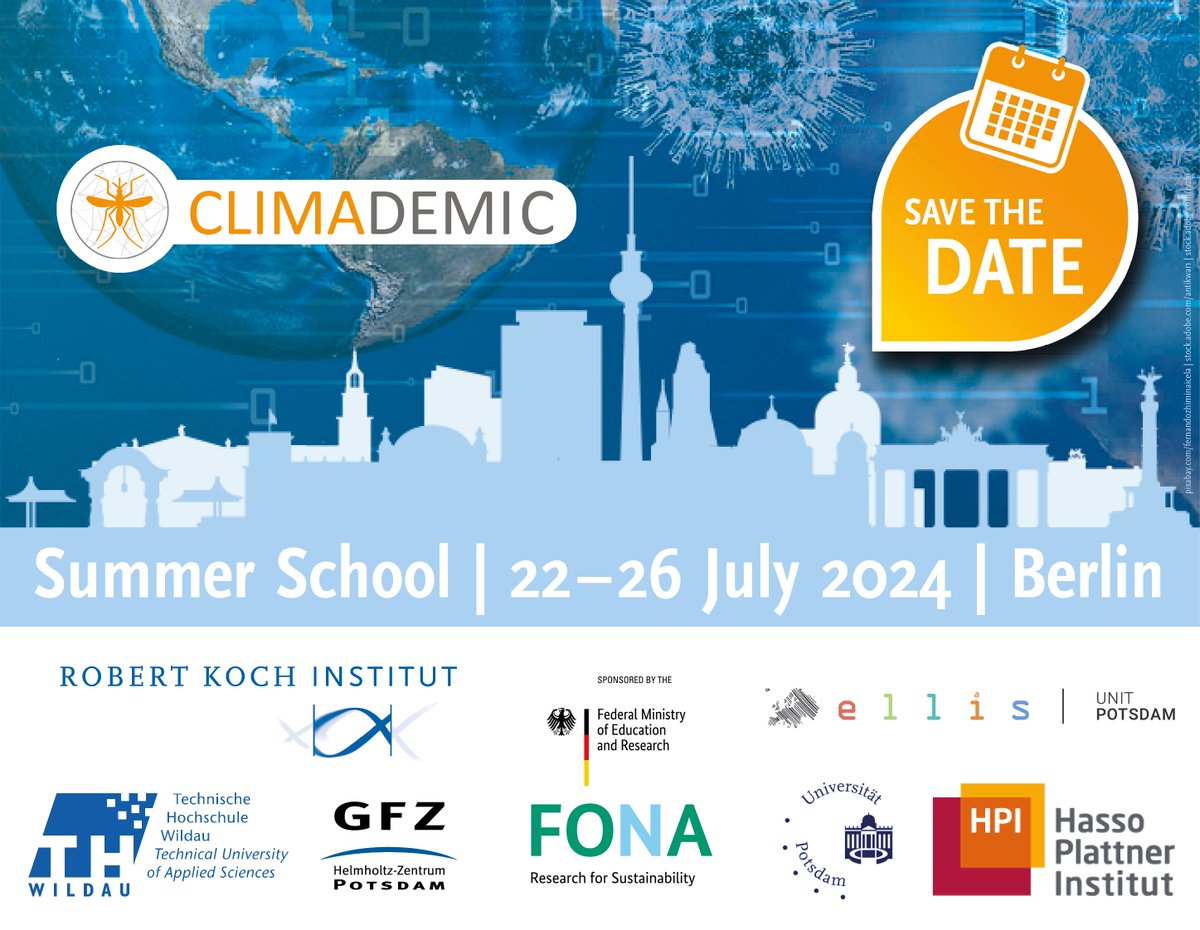 📢 #SaveTheDate! 🌍 Join us for the #CLIMADEMIC #SummerSchool 2024, exploring the nexus of #ClimateChange & #Pandemics.  📅 July 22-26, 2024 📍 Berlin ℹ️ More information and programme details ➡ rki.de/climademic-sum… #Research