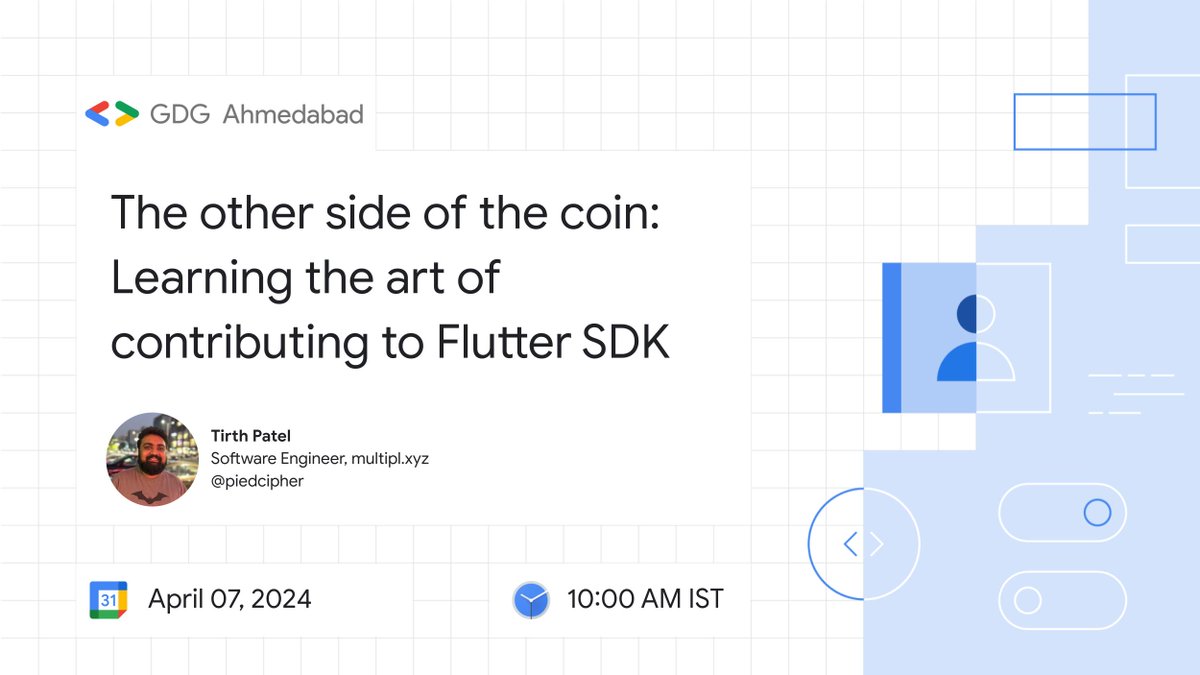 [Event Announcement] Join us on this Sunday to Learn the art of contributing to #flutter SDK from @piedcipher 📝 RSVP: gdg.community.dev/e/m6qpfw/ 📅 Date: 07 April, 2024 🕙 10:00 AM IST 📍Venue: Tech Holding #GDG #GDGAhmedabad #OpenSource #contribution