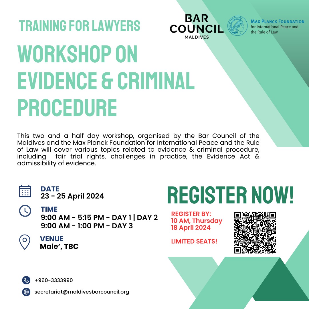 TRAINING FOR LAWYERS! BCM & @MPF_heidelberg are organising a two & a half-day Workshop on Evidence & Criminal Procedure for Lawyers, from 23-25 April. Register now to secure your spot: forms.office.com/r/Z4NGwa5Sss #CPD #RaisetheBarMV