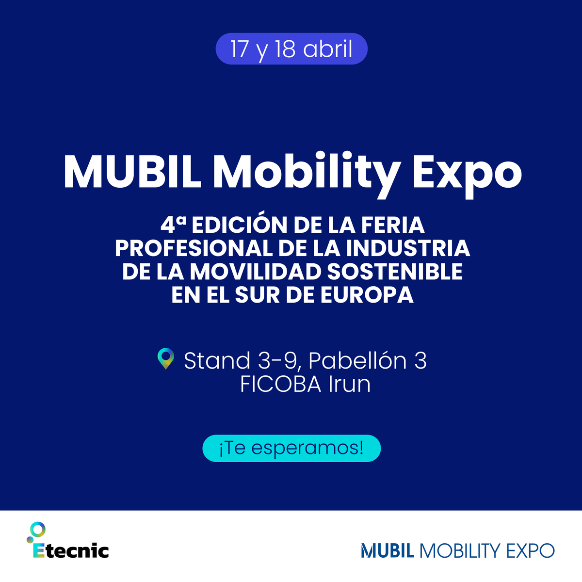 ¡Etecnic y @EVcharge en la feria MUBIL Mobility Expo! 📅 17 y 18 de abril 📍 FICOBA Irún, Stand 3-19 – Pabellón 3 🎟️ Entrada gratuita 🔗 etecnic.es/viu-etecnic-2/… #Etecnic #mubilexpo24 #MubilMobilityExpo24 #MubilMobilityExpo2024 #MovilidadEléctrica #EtecnicEvents @mubilexpo