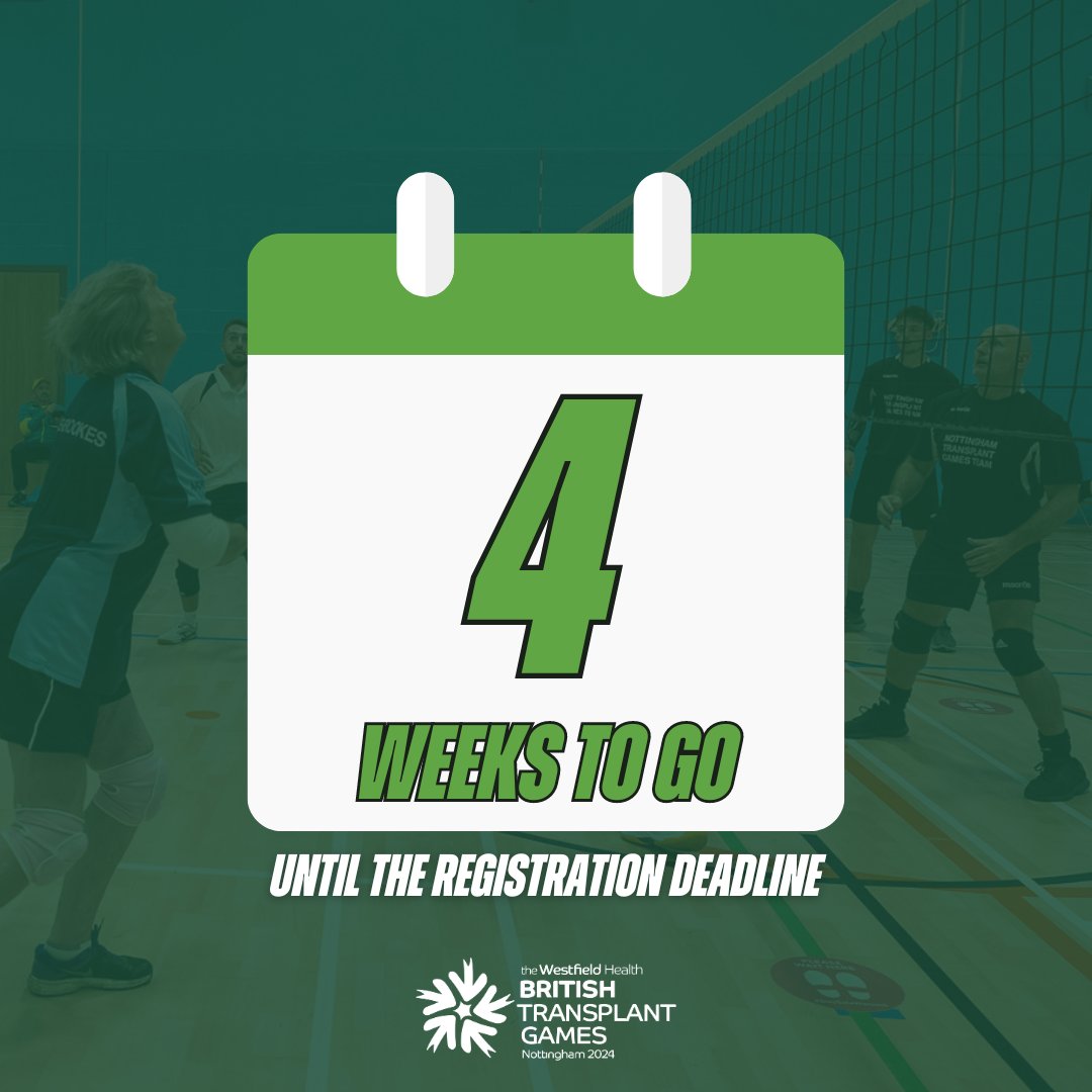 🚨⏰4 WEEKS UNTIL REGISTRATION CLOSES!⏰🚨 Registration will close on 📅 Sunday 26th May! Head over to our website and press 'Register Now' to register in time for Nottingham 2024! Make sure you don't miss out! 💻britishtransplantgames.co.uk