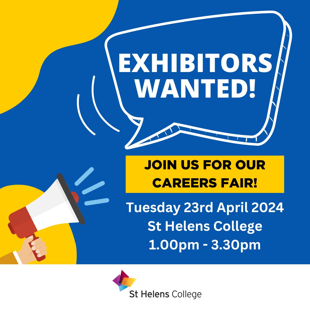 📢EXHIBITORS WANTED!📢 We're looking for exhibitors to join us for our Careers Fair on Tuesday 23rd April, 1.00pm – 3.30pm at our Town Centre Campus. Help us to inspire our students about different careers, pathways & industries. Register your interest: forms.microsoft.com/Pages/Response…