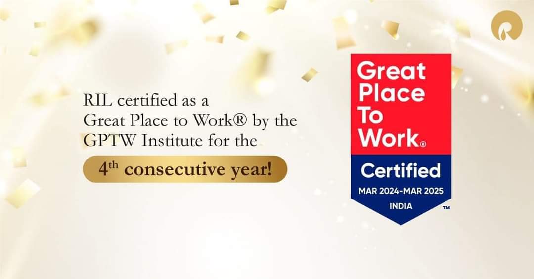 We're thrilled to announce that RIL has been certified as a Great Place to Work® by the GPTW Institute for the 4th consecutive year!

Our evaluation was based on the

 #GreatPlaceToWork #HighTrustHighPerformance #RILWayofLife