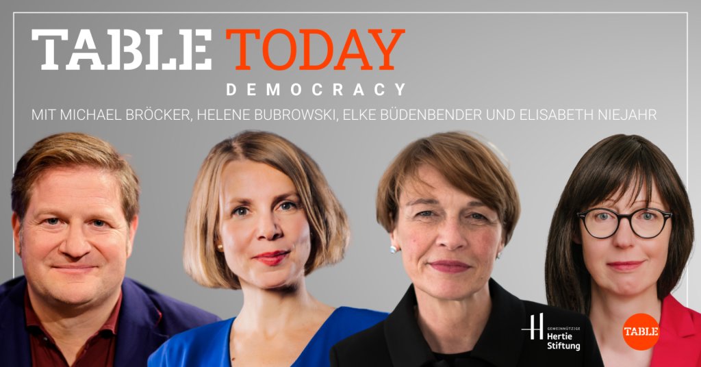 🗓️8. Mai, 18 Uhr, Table.Café, Berlin Das Grundgesetz wird 75 Jahre alt. Anlässlich dieses Jubiläums lädt Table Media zur Gesprächsrunde mit Elke Büdenbender, Michael Bröcker, Helene Bubrowski und unserer Geschäftsführerin Elisabeth Niejahr. Das Thema der Runde: der Zustand der…