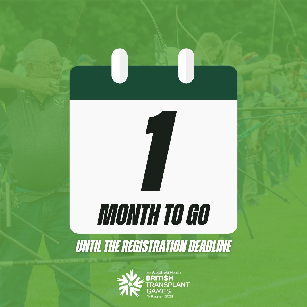 🚨⏰1 MONTH UNTIL REGISTRATION CLOSES!⏰🚨 Registration will close on 📅 Sunday 26th May! Head over to our website and press 'Register Now' to register in time for Nottingham 2024! Make sure you don't miss out! 💻britishtransplantgames.co.uk