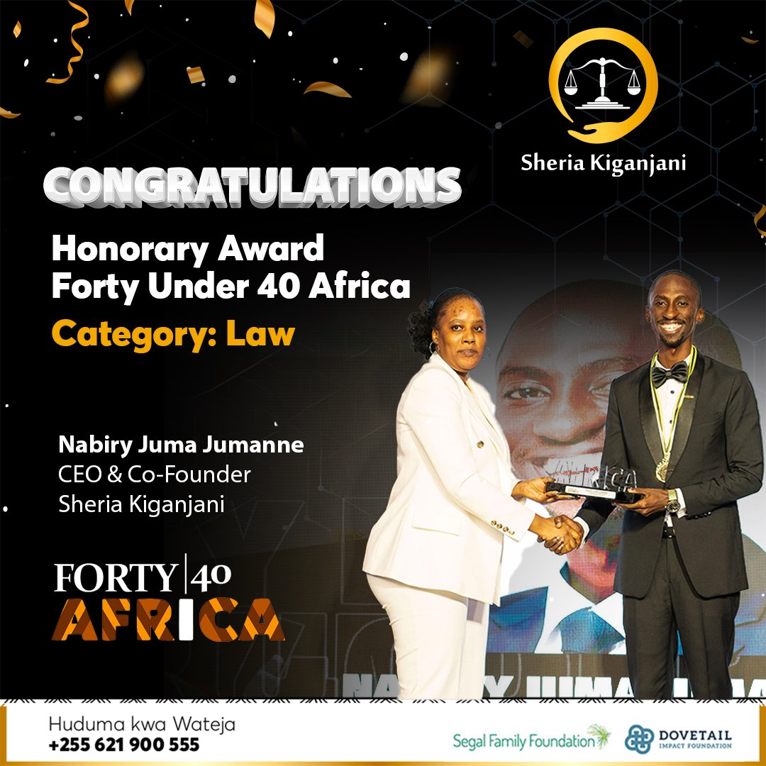 Congratulations to our CEO and Co-founder Nabiry Juma Jumanne for winning a Honorary Award of Forty under 40 Africa in the LAW category. #sheriakiganjaniapp #sheriakiganjani #legaltech #legalgurus #fortyunder40africa #continentalaward #honoraryaward #accolade #law #award