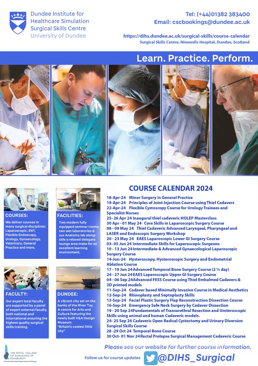 👋Please see our course calendar, some of the courses leading up to the summer still have availability. 💻Online registration available via our website ⬇️ dihs.dundee.ac.uk/surgical-skill… @RCSEd @NHSTayside @NHSEngland @NHSGrampian @nhsfife @NHS_Education @CSMEN1 #Surgeons #Training