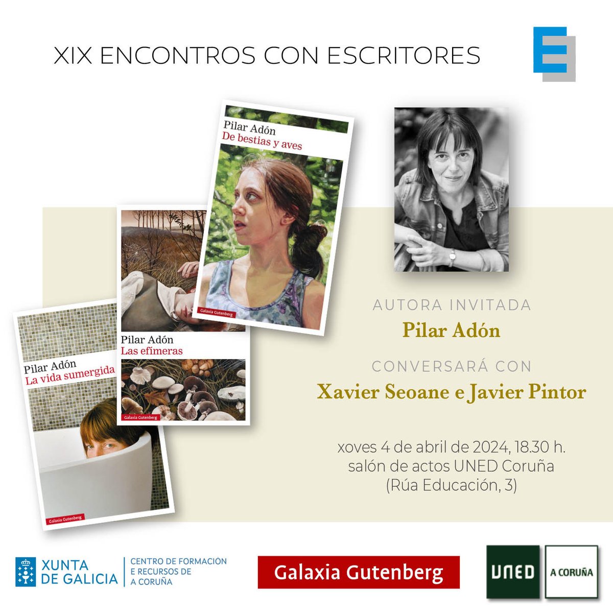 Esta tarde conversamos con Pilar Adón en nuestros encuentros con autores, <a href="/cfracoruna/">CFR A Coruña</a>