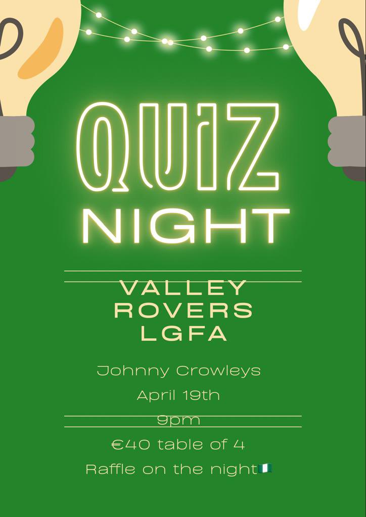 Save the date and get your quiz prep in for the Valley Rovers Ladies Football Club annual table quiz. Friday 19th April @ 9pm in Crowley’s Bar Innishannon. @westcorkladies @CorkLGFA