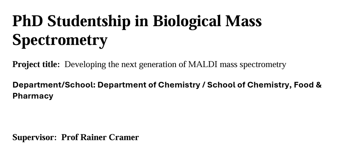 Check out this PhD opportunity using MALDI MS @UniofReading. Would highly recommend Rainer's lab! Apply here: jobs.ac.uk/job/DGU954/phd…