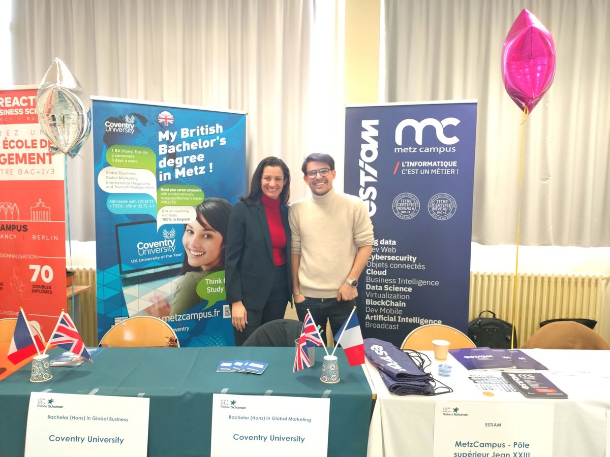 MetzCampus's tweet photo. Forum post BTS 🎓

Les 3 écoles partenaires #MetzCampus ; Eucléa Business School, @covcampus et @estiamofficiel ; étaient au rendez-vous lors du forum post BTS organisé par le Lycée Robert Schuman ce jeudi 28 mars ! 🚀

#formation #management #informatique #numérique #alternance https://t.co/zwfVgMMS4V