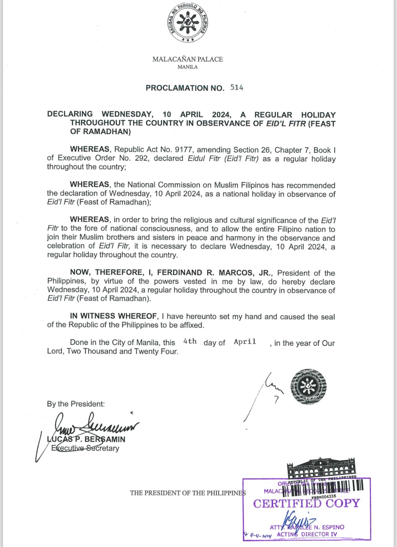 April 29 2024 Holiday Philippines Proclamation Gates Joellen