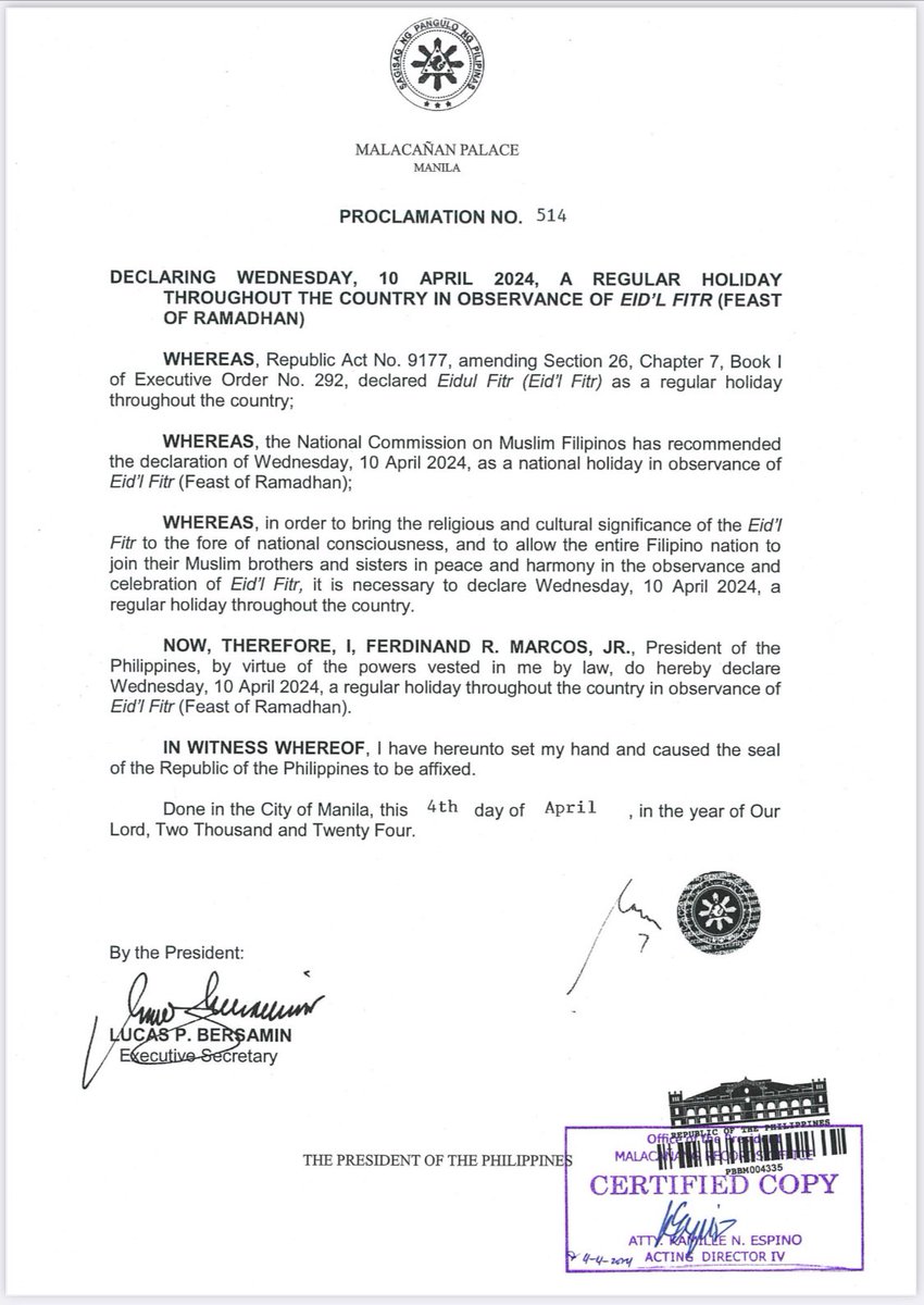 READ: Malacañang declares April 10, Wednesday, a regular holiday throughout the country in celebration of Eid’l Fitr, also known as the Feast of Ramdhan. | @TheManilaTimes