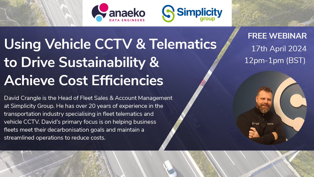 AnaekoLtd's tweet photo. Using Vehicle CCTV &amp; Telematics to Drive Sustainability &amp; Achieve Cost Efficiencies
📅 17th April 2024, 12pm - 1pm BST
📍Free Webinar
🎫 Register: https://t.co/vMAv0kY3k4

#Transport #Logistics #FleetManagement #FuelCost #Sustainability #NetZero #ESG #telematics @GroupSimplicity https://t.co/bF88wfVHye
