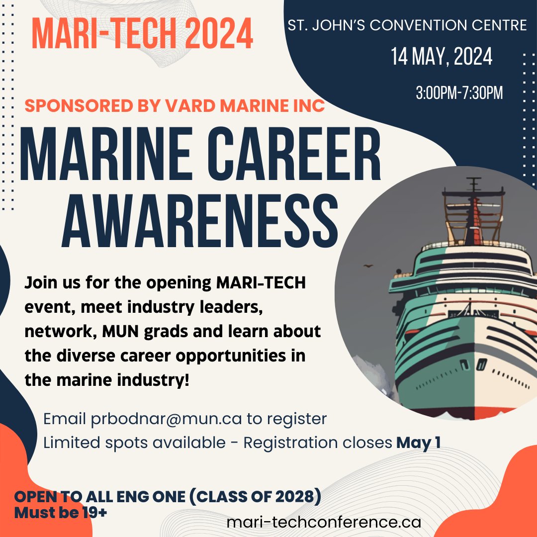 Eng One #students, you’re  invited to dive into the ocean of #opportunities  at our #CareerAwareness #Event #Sponsored  by @VardMarineInc  . 🌟

The event is part of #MARITECH2024  #conference #registerTODAY by emailing prbodnar@mun.ca

📢 #MarineCareers 🌊 #MT2024