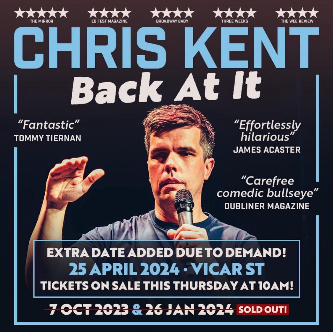 This day 3 weeks I’ll be doing my third @vicar_st with this show. I’d love to see you there 💚 These are the last of the Dublin dates with this tour so don’t miss out #chriskent #comedy #corkcomedian @aikenpromotions Tickets 👇🏻 ticketmaster.ie/chris-kent-bac…