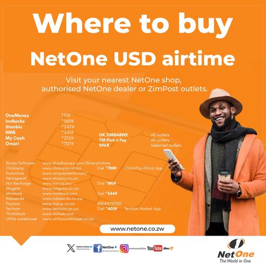 Unlock a world of connectivity with NetOne USD airtime! Simply visit any NetOne shop, listed outlets, or dial the USSD codes to recharge and have an extraordinary connected experience. #MunhuWeseKuNetOne #ConnectedExperience