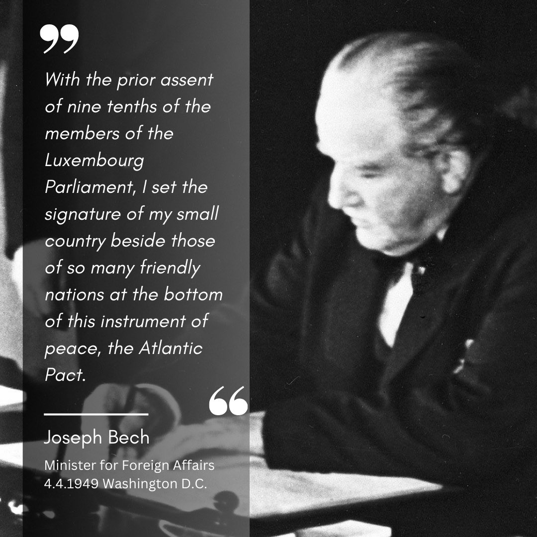 Today, exactly 75 years ago, Joseph Bech, 🇱🇺Minister for Foreign Affairs at the time, signed the North Atlantic Treaty in Washington, D.C.   Then, as now, Luxembourg stood firmly behind the idea of @NATO   Luxembourg & NATO 👉 gd.lu/fGjKJZ   #1NATO75years #WeAreNATO