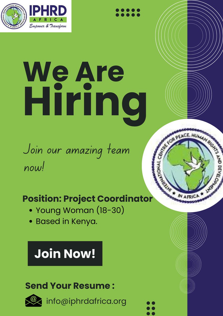 We are looking! Position: Project Coordinator. Location: Nairobi, Kenya Young Woman (18-30) For more information on the roles & responsibilities click on the link below: drive.google.com/file/d/13LTPMh… Deadline: 6th April 2024 Send your Resume: info@iphrdafrica.org