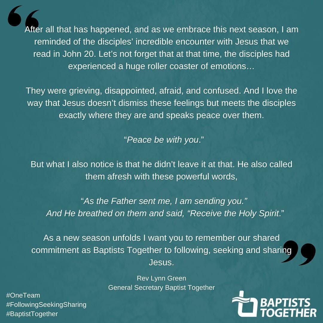 “As a new season unfolds I want you to remember our shared commitment as @baptistuniongb to following, seeking and sharing Jesus.” Praise God! Words taken from the Easter message of Baptist General Secretary, Lynn Green… #FollowingSeekingSharing #oneteam #BaptistsTogether