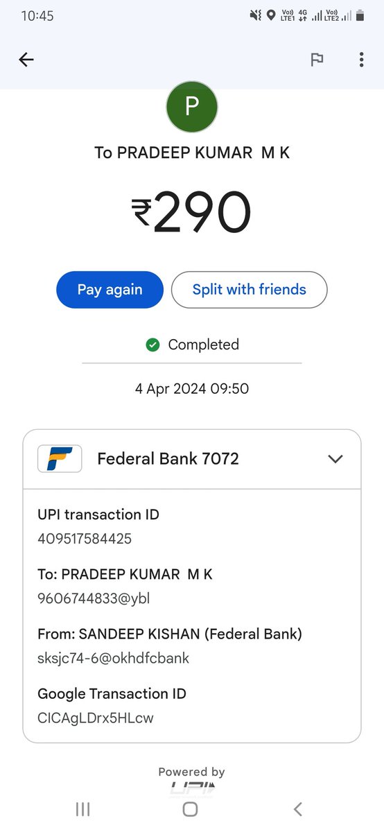 SandeeepKishan's tweet photo. @ola_supports Paid Cash and Paid through UPI also,kindly refund the amount ₹290 https://t.co/9zMYCJM1aH