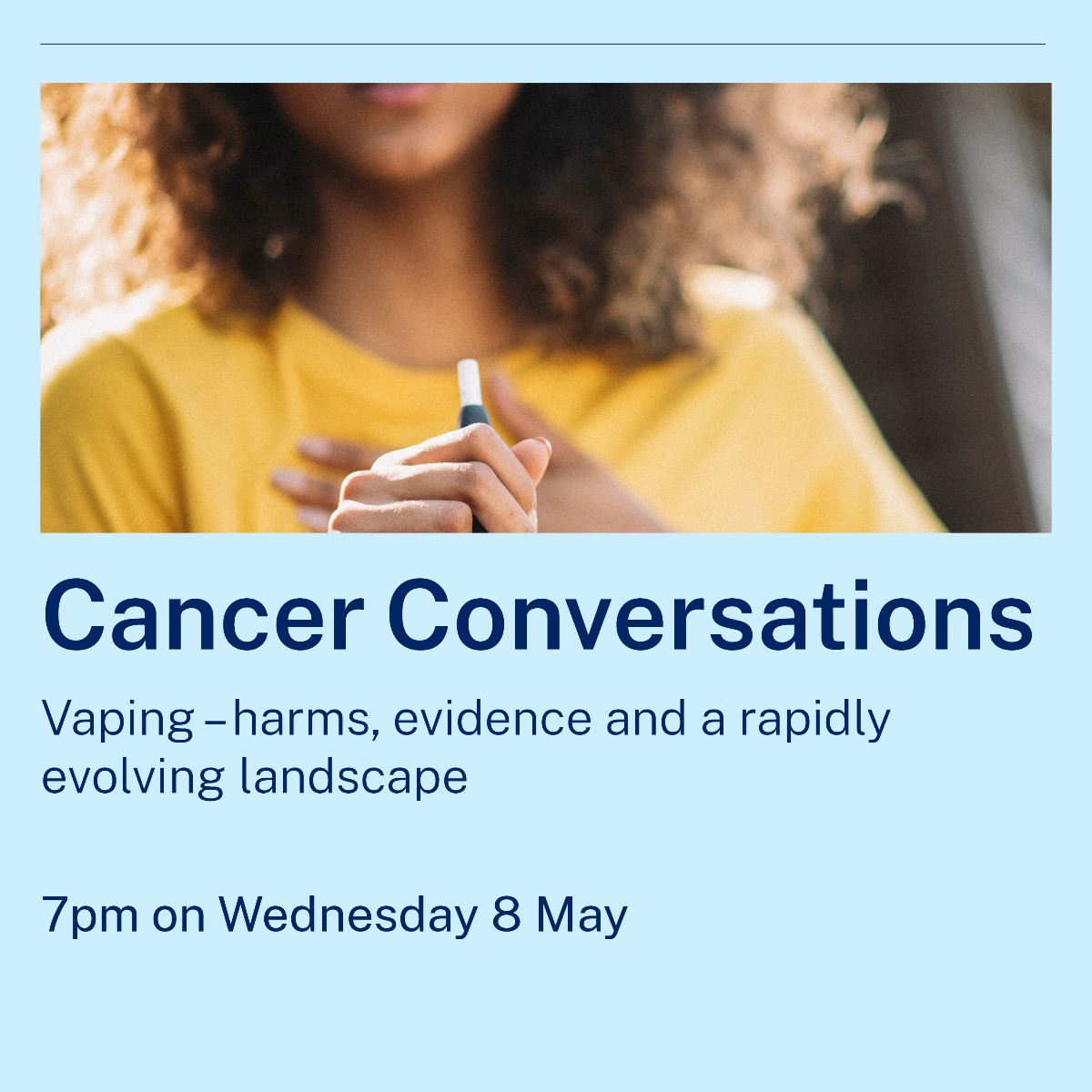 The first Cancer Conversations webinar for this year is on Wednesday 8 May. Discussing Vaping: harms, evidence and a rapidly evolving landscape – featuring Prof @drtraceyobrien and Dr Kerry Chant @NSWCHO. ➡️ Registrations are now open: cancer.nsw.gov.au/what-we-do/eve…