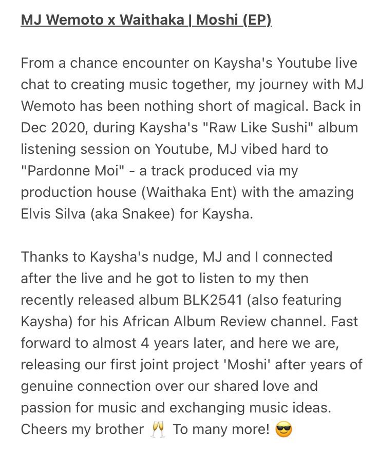 WaithakaEnt's tweet photo. Thrilled to announce that my joint EP 'Moshi' with my brother @MJWemoto is officially out now 🎵

Prod: @MJWemoto x @WaithakaEnt
Feat. @kaysha, @YtheraMusic, @ZaituniWambui1, @polarispauline, @JIVUMUSIK, @wanavokali 🙏🏾

—
Stream Moshi 🔗 : https://t.co/dE8kUpRl9y https://t.co/7TCpxqVvMq