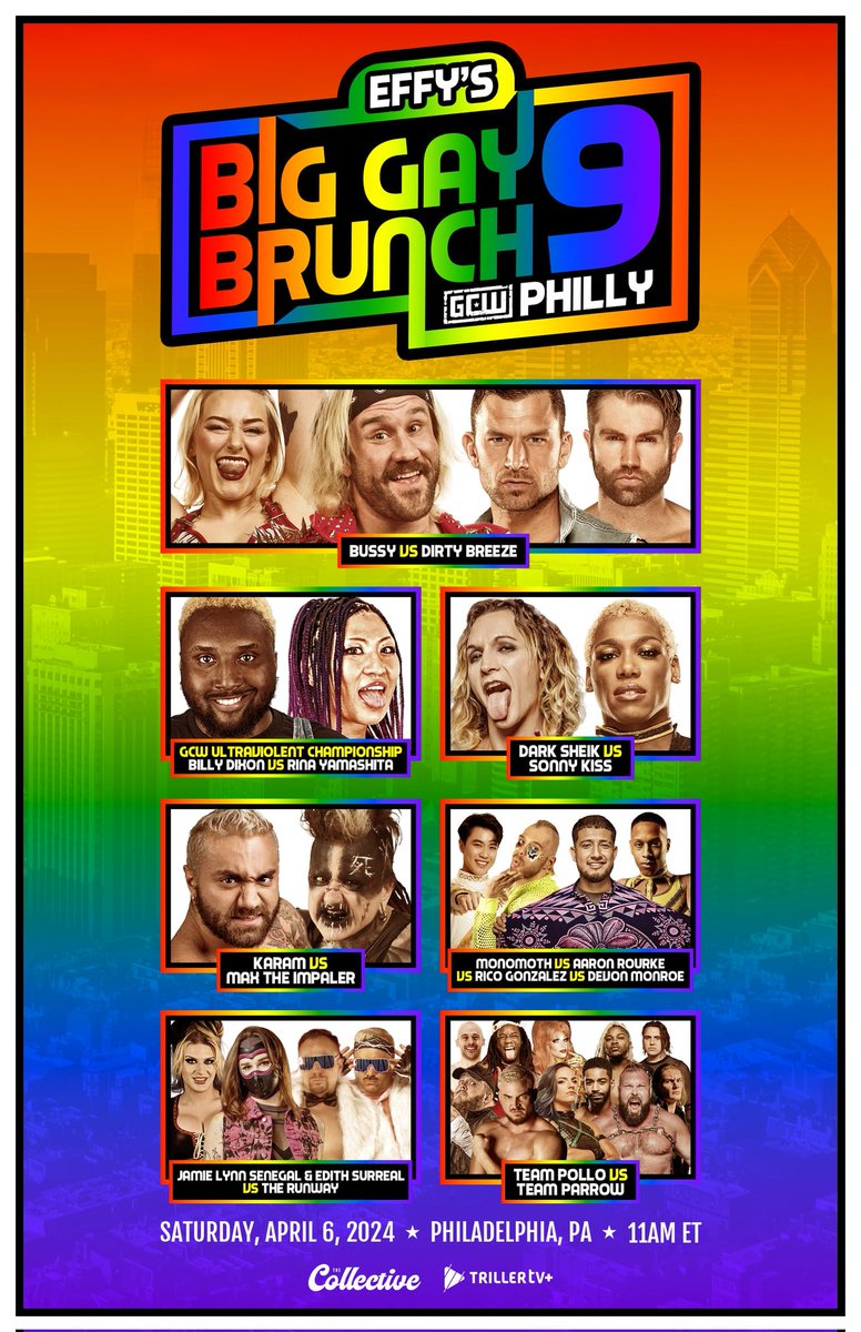 *THIS SATURDAY 11AM* Effy's Big Gay Brunch comes to PHILLY for a SOLD OUT show at The Collective! Bussy v Dirty Breeze Billy Dixon v Rina Yamashita Dark Sheik v Sonny Kiss Surreal/Senegal v Runway Monomoth v Devon v Rico v Rourke more *Tix are SOLD OUT* Watch LIVE on @FiteTV+