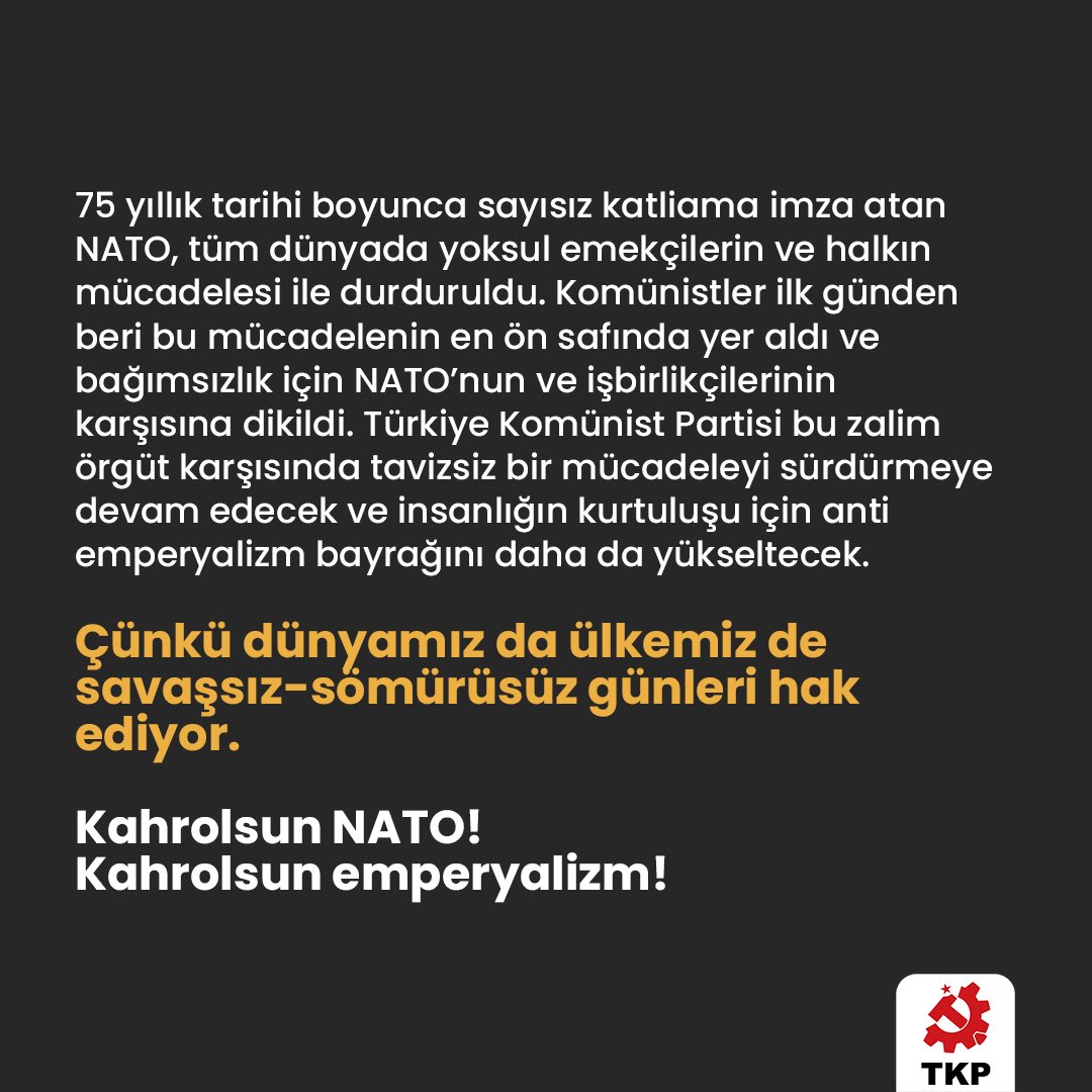 NATO İnsanlığı 75 Yıldır Tehdit Ediyor NATO bir koruyucu şemsiye değil, başta ülkemiz Türkiye olmak üzere, tüm dünya için bir numaralı güvenlik tehdididir. Kahrolsun NATO! Kahrolsun emperyalizm! ➡️ tkp.org.tr/aciklamalar/na…