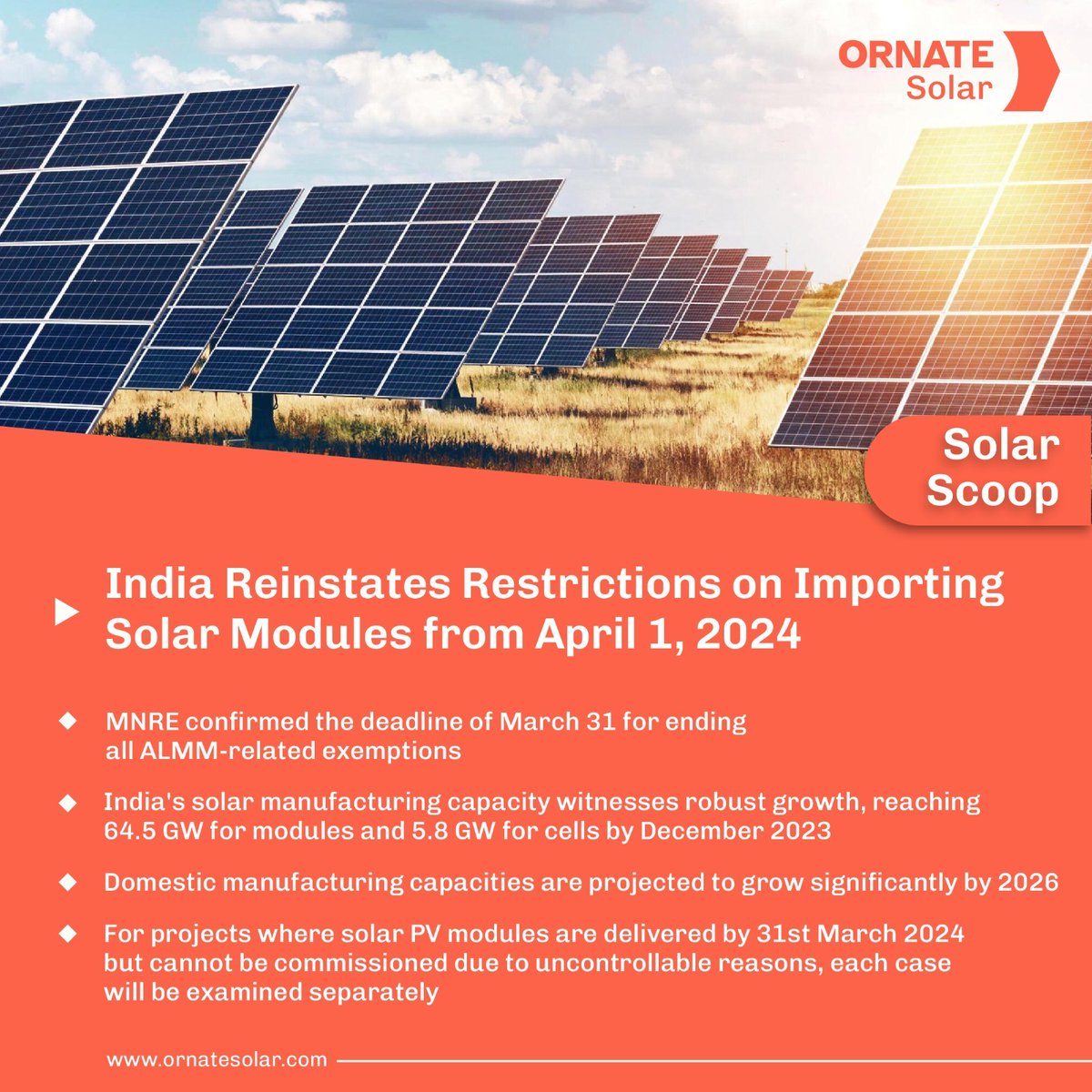 Empowering India's Solar Future: Domestic Manufacturing Surge Amidst Renewed Import Restrictions

Get the full scoop here 👇🏽
.
.
#OrnateSolar #Solarscoop #ALMM