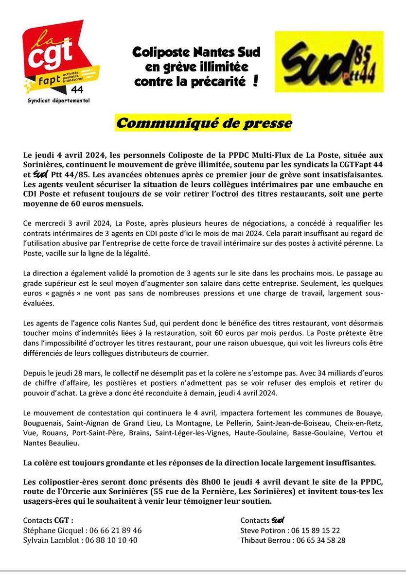 #LaPoste la #grève est reconduite ce matin par les colipostiers-ères aux #Sorinières #Nantes