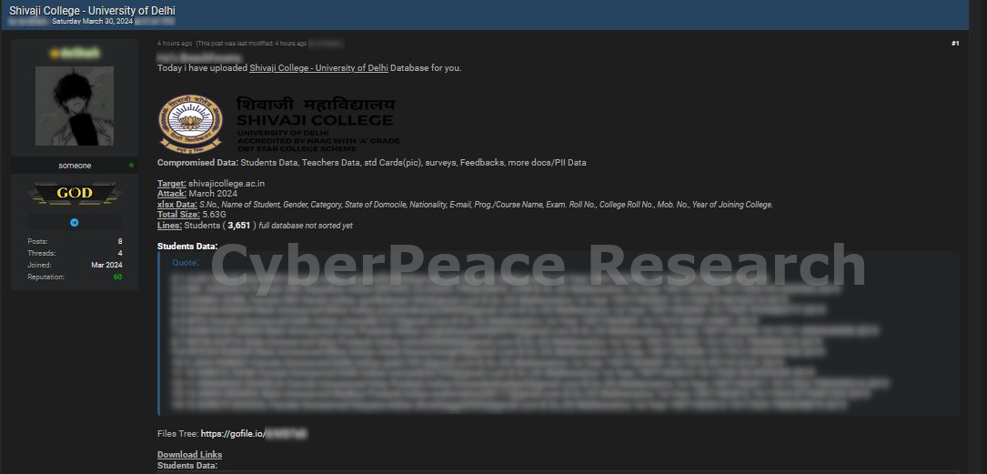 Cyberpeace_r's tweet photo. 🚨#DataBreach Alert⚠️: Allegedly, 5GB+ data from Shivaji College - University of Delhi🇮🇳 has emerged on a #darkweb forum. Threat actors purport to have access to student data, teacher data, PII, &amp; more.

Stay Vigilant🔐🛡️

#CyberPeace #Cybersecurity #CyberPeaceAlert #InfoSecurity https://t.co/6dDuYy8ejG