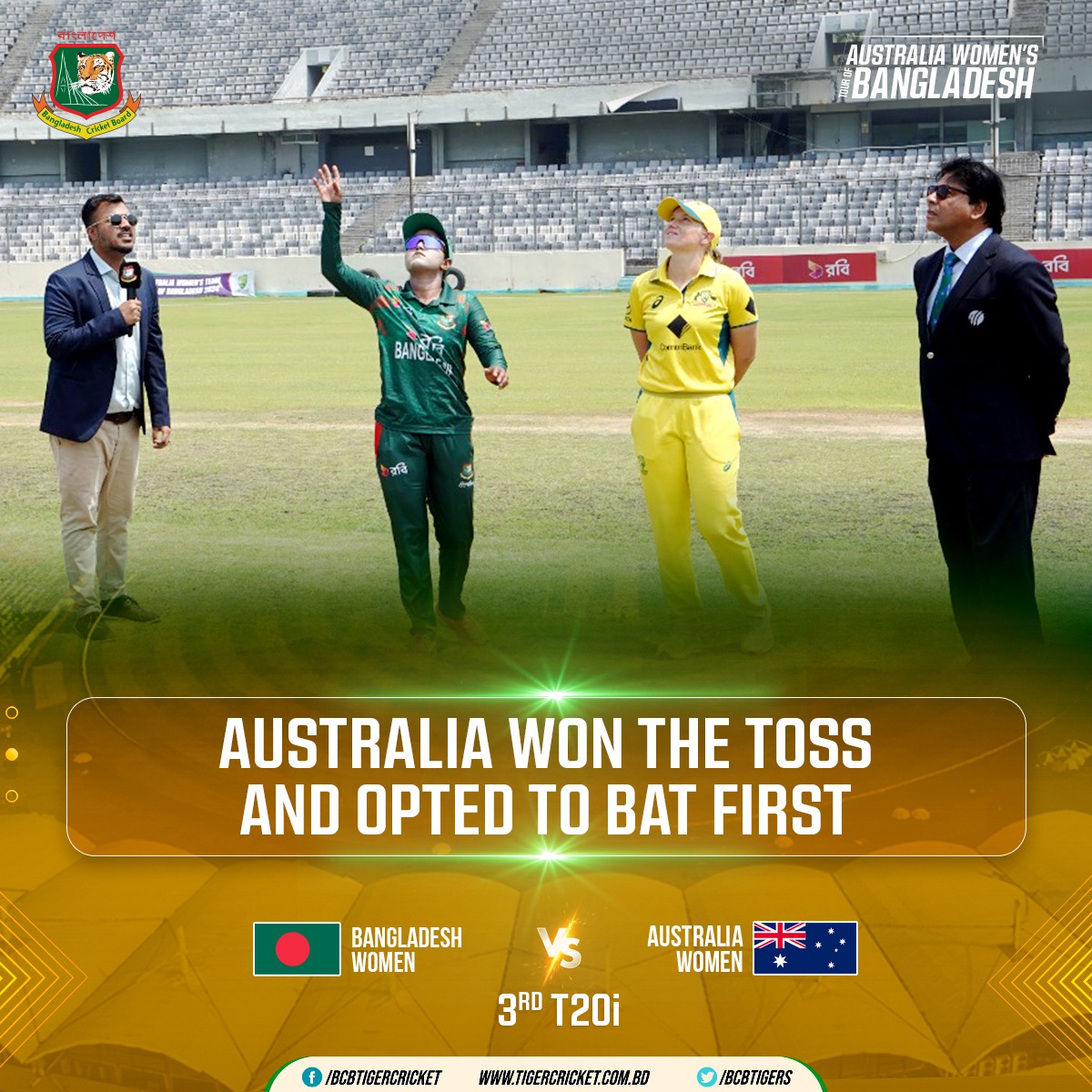 Australia Women’s Team Tour of Bangladesh 2024 | 3rd T20i Australia have won the toss and opted to bat first Live ▶: youtube.com/@bcbtigercrick… #BCB #Cricket #BANWvAUSW #LiveCrcket #HomeSeries #T20Iseries #womenscricket