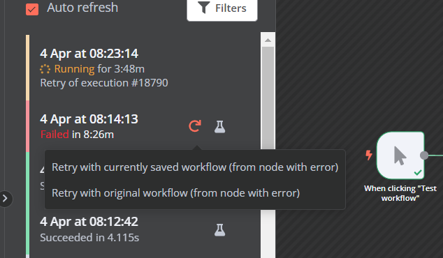 I discovered a nice, easy-to-use feature on n8n that allows you to retry your failed workflows from the last point in case of an error. With this it is a matter of retrying the last execution with either the last workflow or a new modified version