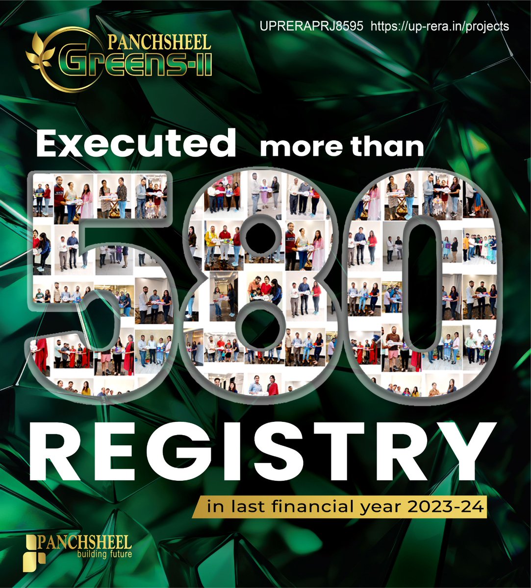 Executed 580+ REGISTRY in last Financial Year 2023-2024
Panchsheel Greens-II
Greater Noida West, UP
2 & 3 BHK Apartments
panchsheelgroup.com

 #awarded #bestresidential #Panchsheel #Greens2 #YogaDeck  #Happiness #GreaterNoidaWest 
 #Amenities #Possession #Registry #registry