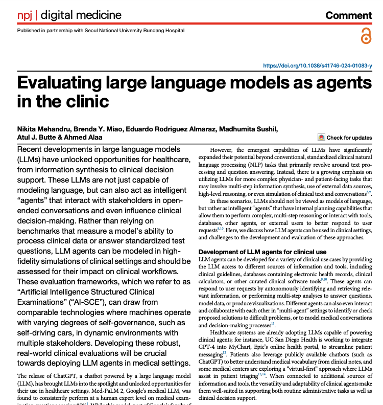 How should we evaluate #LLMs for downstream clinical use cases? In this <a href="/npjDigitalMed/">npj Digital Medicine</a> article, we propose a transition from static QA-style benchmarks to dynamic agent-based simulators, similar to methods used in biology, epidemiology &amp; social sciences.

nature.com/articles/s4174…
